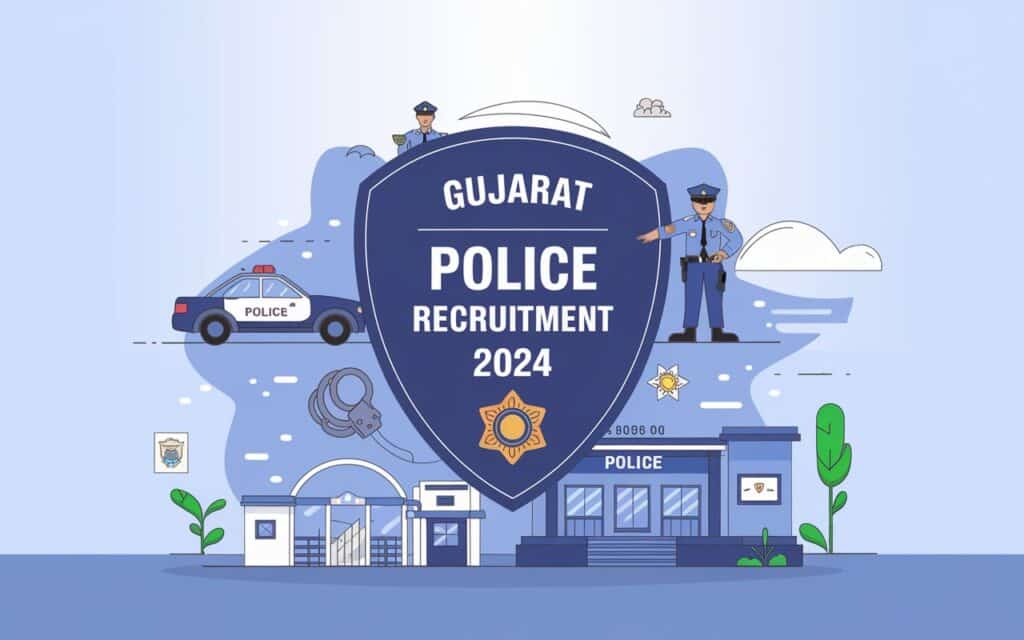 Illustration showing "Gujarat Police Recruitment 2024" with icons representing Police Badge.