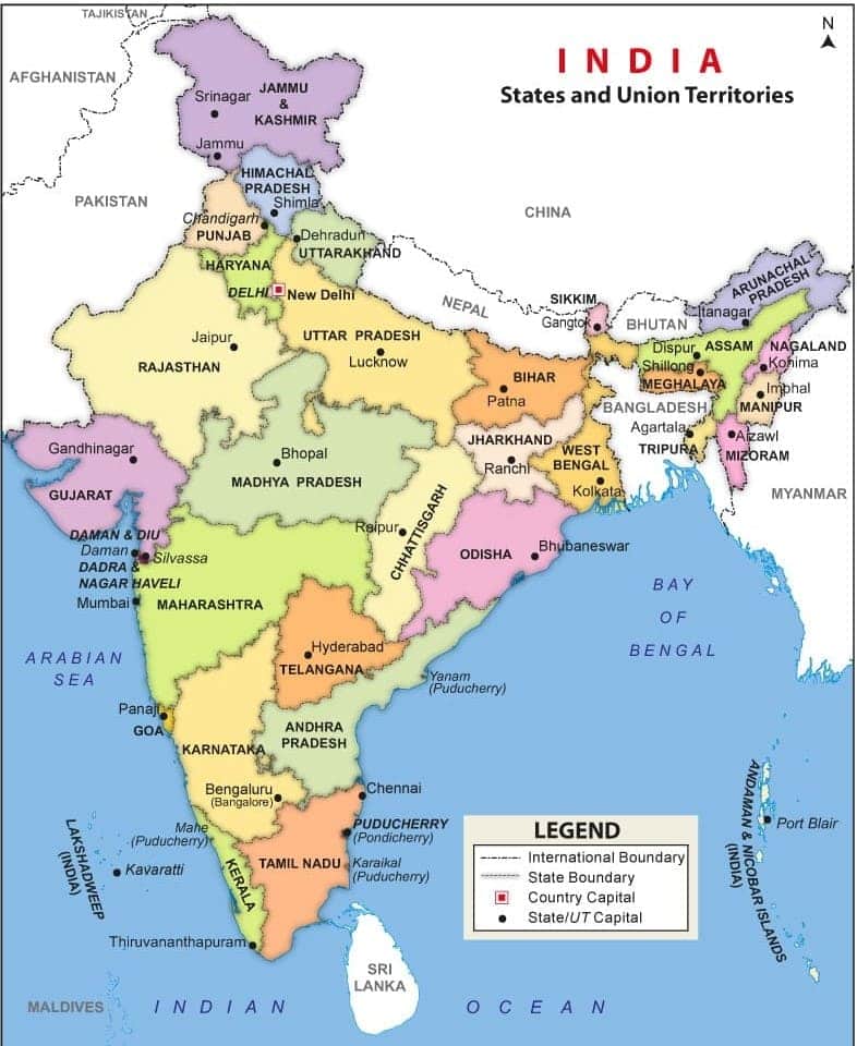 List Of 28 States And Capitals 8 Union Territories On Map Of India