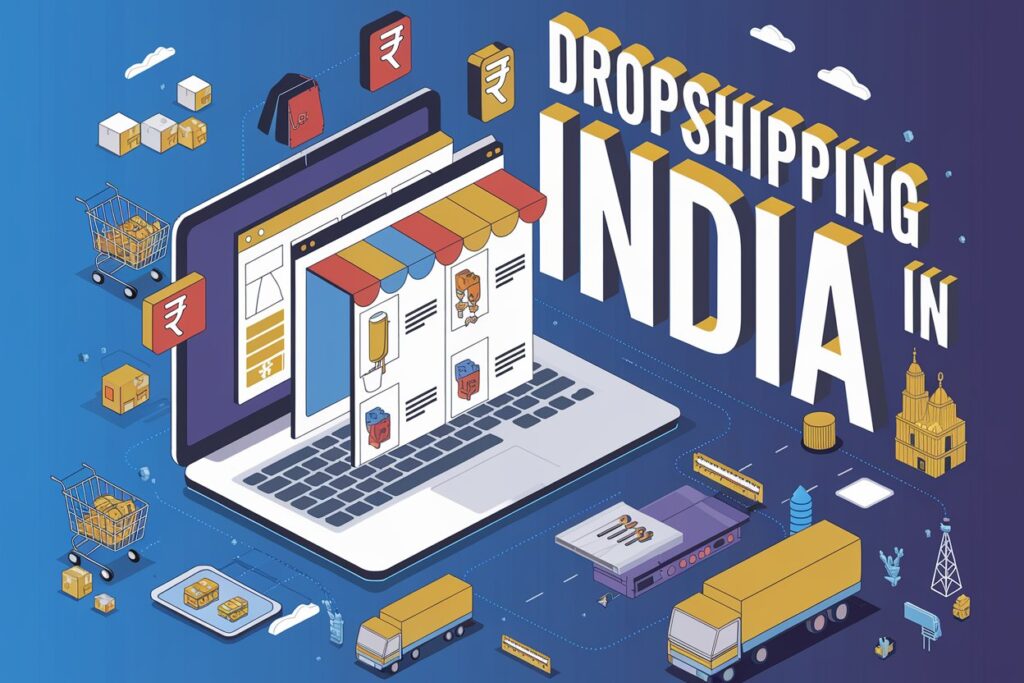 Dropshipping in India with laptop, products, and Indian currency icons