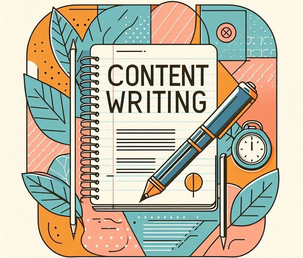 Digital illustration of an image showing copy with pen and "Content Writing" written on copy