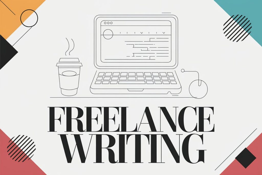 Digital illustration of a open laptop with a cup of coffee and text "Freelance Writing".