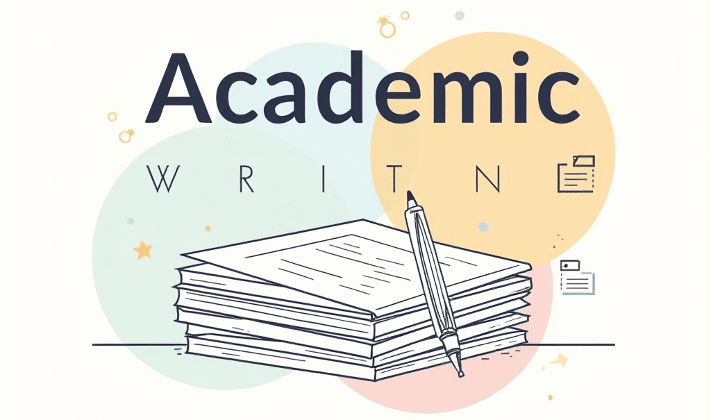 Minimalist line drawing of a stack of papers and pen with 'Academic Writing' in bold scholarly font, surrounded by geometric shapes, representing research and structured writing.