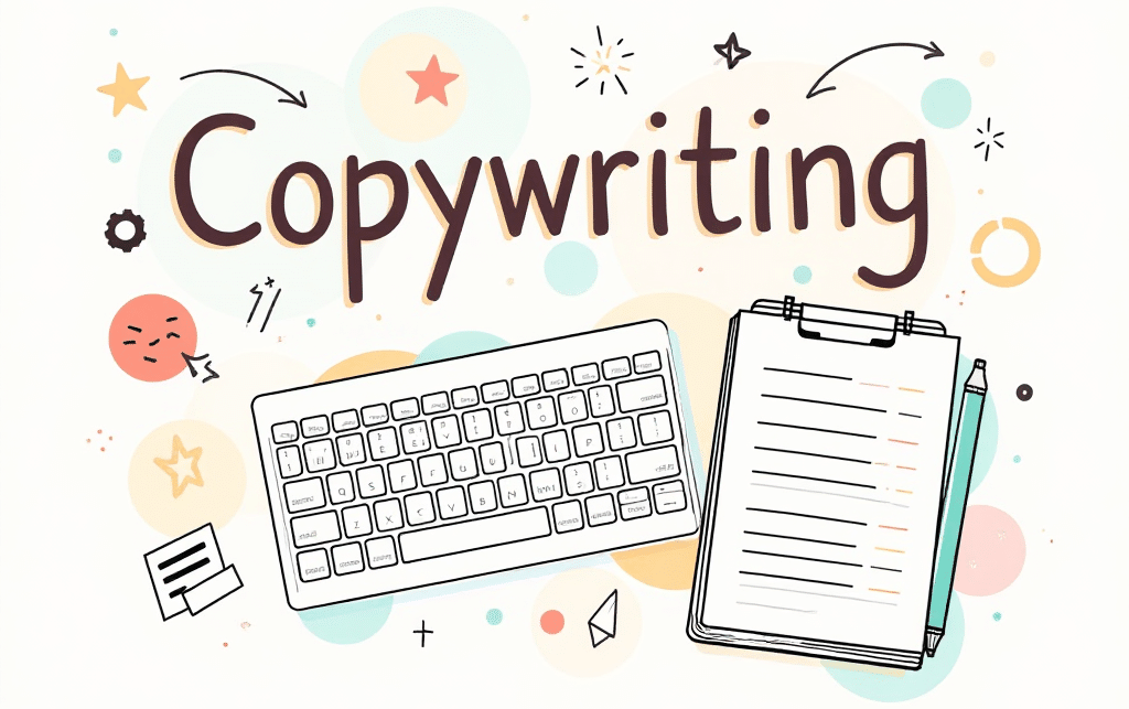 Minimalist line drawing of a keyboard and notepad with 'Copywriting' in bold font, geometric shapes, and icons symbolizing marketing, headlines, and persuasive writing.