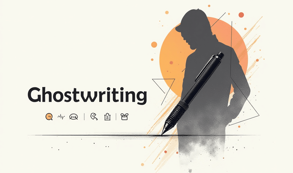 Minimalist line drawing of a pen and shadowed figure with 'Ghostwriting' in bold mysterious font, surrounded by icons representing anonymous storytelling and authorship.