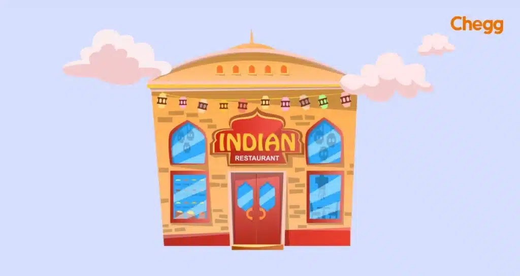 Illustration of an Indian restaurant with a vibrant exterior, ideal for unique Indian restaurant name ideas.