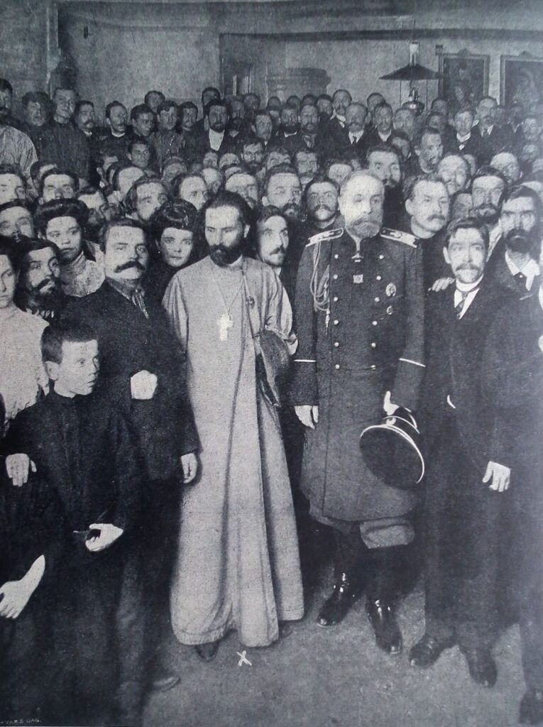 Father Georgi Gapon leading the Assembly of Russian Factory and Mill Workers in the city of St. Petersburg.