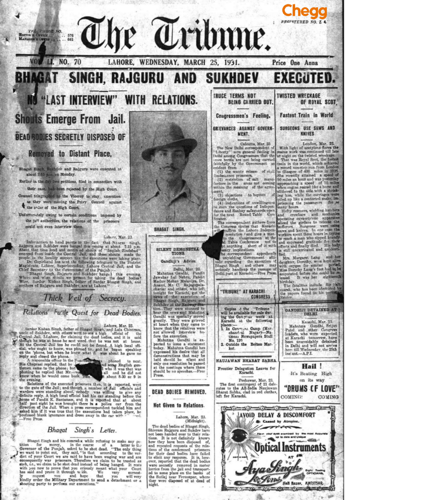 News report of the execution of Bhagat Singh