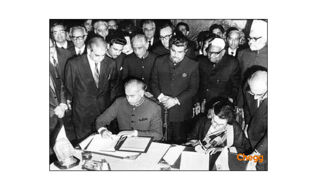 Zulfiqar Ali Bhutto and Indira Gandhi, signing the Shimla Agreement 1972