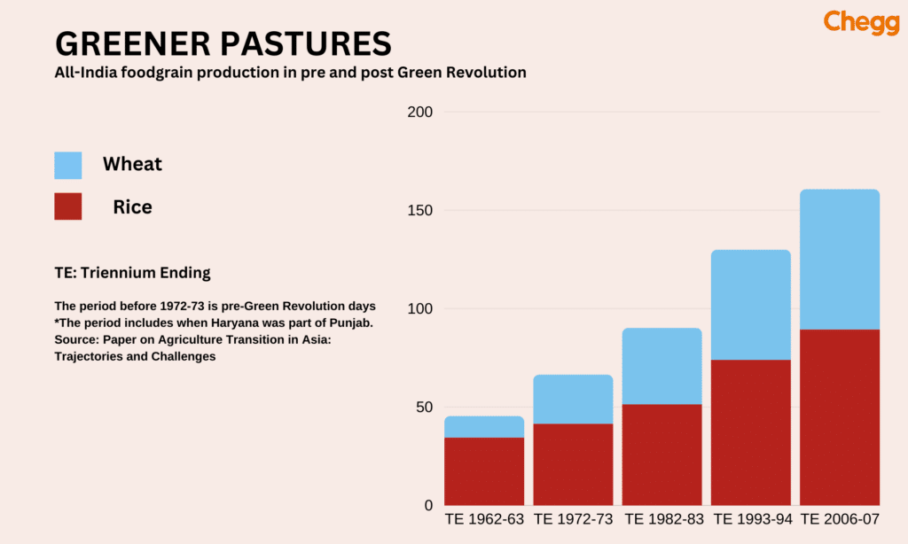 All India food grain production in pre and post green revolution.