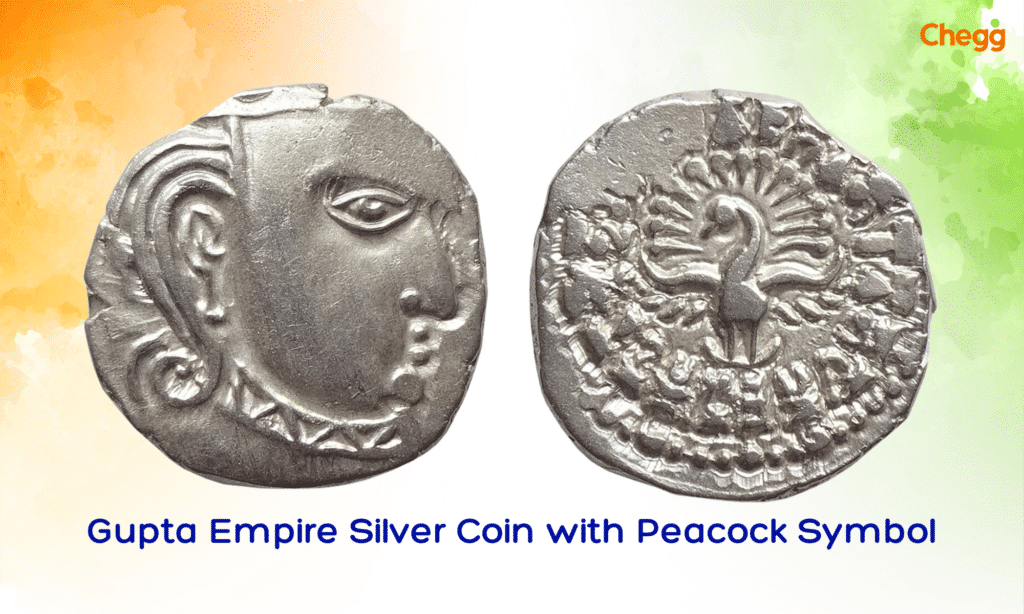 Gupta empire silver coin with peacock symbol.