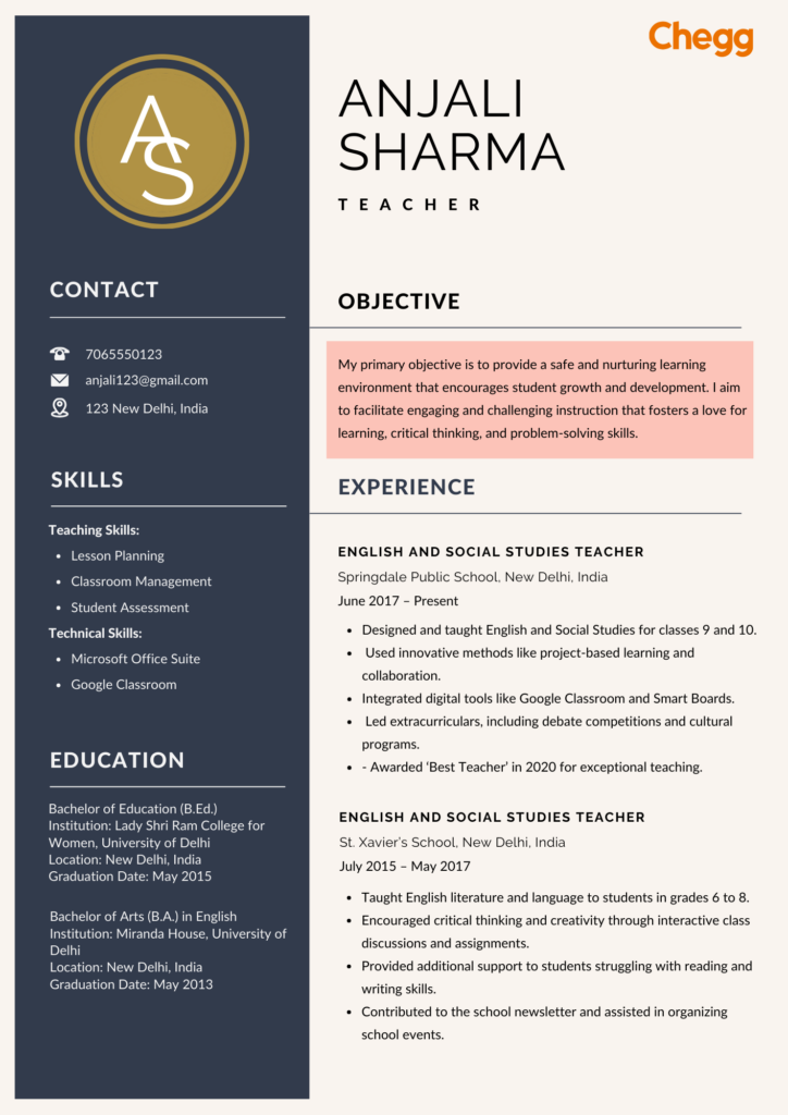 objective for teacher resume, sample teacher resume