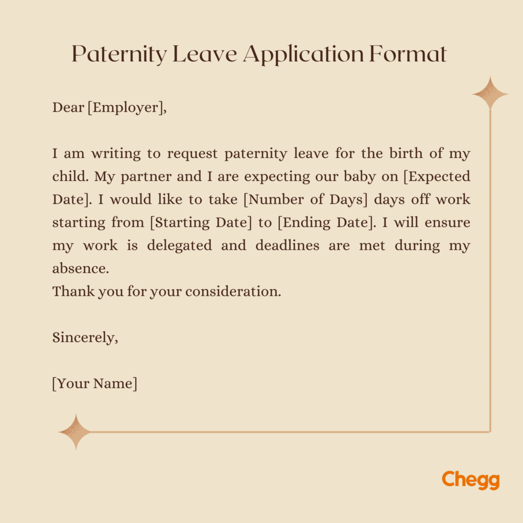 Sample paternity leave application format with a formal tone, placeholders for dates, and a beige background.